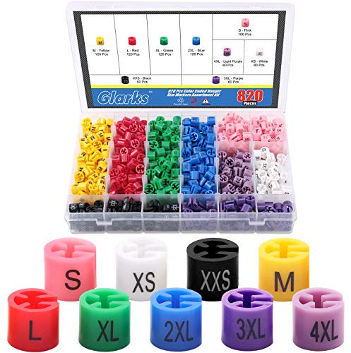 Glarks 820 pezzi 9 colori XXS – 4 XL colorati per appendere indumenti, set assortito di clip per taglie codificate per colore, adatto per ganci da 2-4 mm utilizzati per grucce in filo metallico