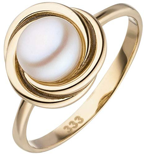 Ring aus 333 Gold Gelbgold mit Süßwasser Perle creme-weiß Perlenring Damen, Ringgröße:Innenumfang 58mm ~ Ø18.5mm