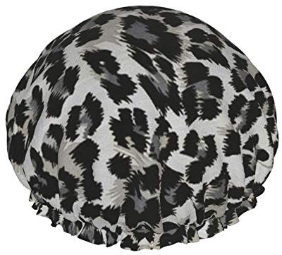 Shower Cap Grey And Black Leopard Pattern Waterproof Double Layer Elastic Bath Cap Home Use Nightcap