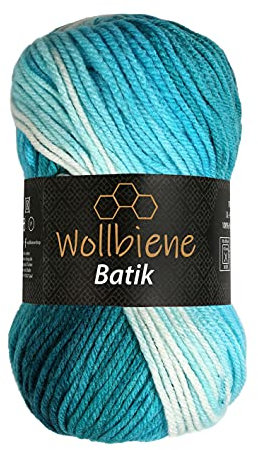 Wollbiene Batik Wolle mit Farbverlauf mehrfarbig 100g Multicolor Strickwolle Häkelwolle (5200 petrol türkis weiß)