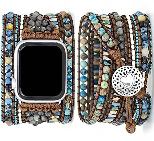 Somesame Compatible with Apple Watch Band 42mm 44mm 45mm 46mm 49mm Women Boho Beaded Bracelets,Multilayer 5 Wraps Handmade Natural Jasper Strap for iWatch Series 10 9 8 7 6 5 4 3 2 SE Ultra,Turquoise