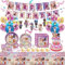 BlinBlin Pink Ro-blox vajilla suministros de fiesta para niñas decoraciones de cumpleaños, suministros de vajilla de fiesta temática de videojuegos, suministros de fiesta para 10 invitados