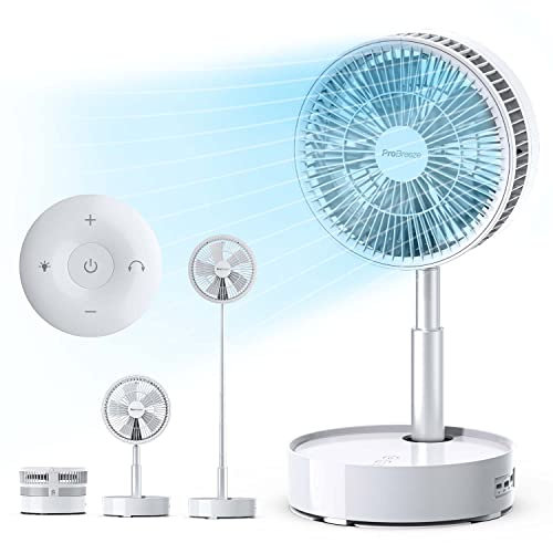 Pro Breeze® Rechargeable Portable Fan - Telescopic, Built-in 10,000 mAh Battery, USB Port Charging Function, Oscillation, 3 Stage Night Light, On/Off Timer, Remote Control (Telescopic White)