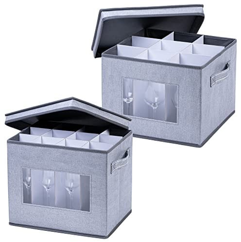 VENO Stemware Storage Box Set with Lid and Handles, Organizer For Cups, Mugs, Glassware Container for Moving, Dividers, Clear Window Panel (1 Wine Glass Box & 1 Champagne Flute Box)