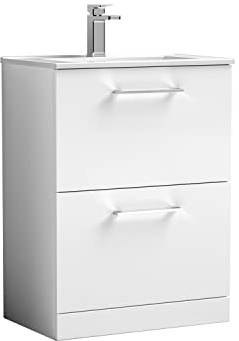 nuie ARN133B Arno Modern Bathroom Floor Standing 2 Drawer Vanity Unit with Minimalist Ceramic Basin, Gloss White