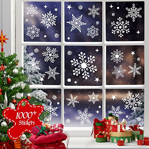 1000 PCS + decoraciones de ventanas de Navidad, 25 + diseño de calcomanías estáticas de nieve decoraciones de ventanas de Navidad reutilizables accesorios de fiesta congelados calcomanías