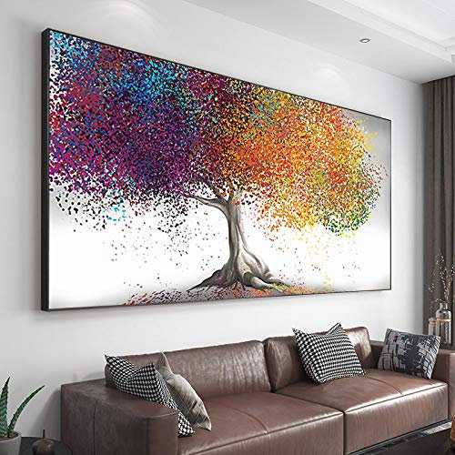 GEMMII Prêt À Accrocher Impression sur Toile, Quatre Saisons Coloré Arbre Peinture Or Arbre Peintures pour Salon Mur Affiche Photo Esthétique Décor 70x140 cm Encadré
