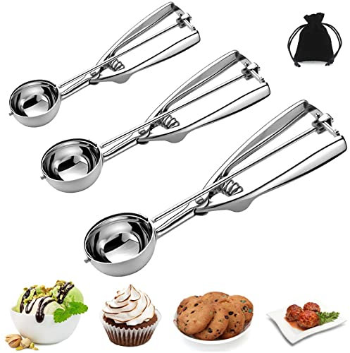 Ice Cream Scoop, 3Pcs Cookie Scoop Set, Stainless Steel Cookie Scoops for Baking Set of 3, Cookie Scooper for Baking, Ice Cream Scooper with Trigger Release, Cookie Dough Scoop, Cupcake Scoop