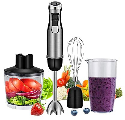 Hand Immersion Blender Handheld Electric 4-in-1 6 Speed Stick Blender with Whisk/Food Chopper/600ml Mixing Beaker for Puree Infant Food Smoothies Sauces and Soups Stainless Steel BPA-Free