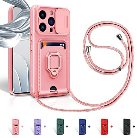 Aithne Case für iPhone 12 Pro Max Handykette Hüll,Slide kameraschutz,Silikon Handyhülle zum Umhängen Kette,360 Grad Ringhalter Stand Kartenfach-Pink