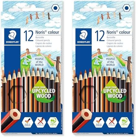 Staedtler Buntstifte Noris colour, rutschfeste Soft-Oberfläche, hohe Bruchfestigkeit, Made from Upcycled Wood, Sechskantformat, Set mit 12 Hautfarben-Varianten im Kartonetui, 185 C12POW