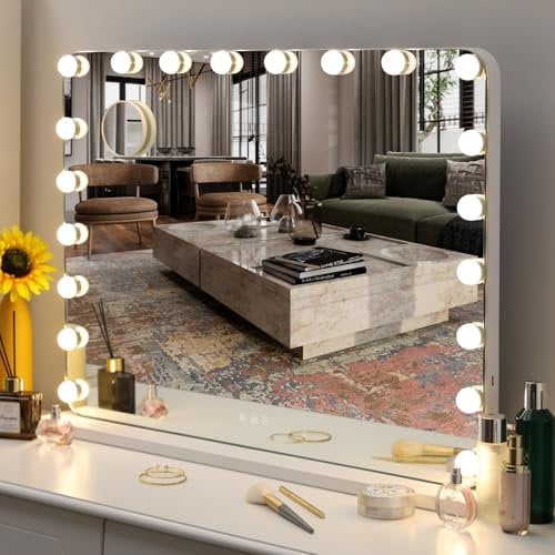 MAMIZO Hollywood Spiegel 80x60 cm, Schminkspiegel mit Beleuchtung, 20 LED, 3 Lichtfarben, Enstellbare Helligkeit, mit USB und 10xLupe, Spiegel mit Licht, Wandspiegel, Tischspiegel