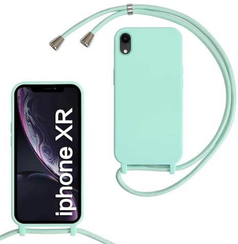 Haygdz Crossbody Lanyard Case for iPhone XR, Liquid Silicone Protective Phone Case with Strap Adjustable Neck Cord Necklace Soft Cover for iPhone XR, Mint Green