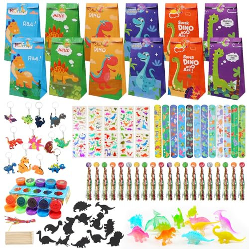 FINEASY 100Pz Dinosauro Gadget Compleanno Bambini,Regalini Fine Festa, Festa Compleanno Dinosauri,Palline Gonfiabili Festa Sacchetti Tatuaggi Adesivi Portachiavi Braccialetti Slap Sacchetto Regalo