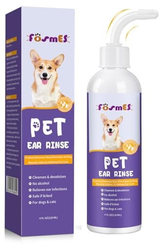 FOSMES Ear Cleaner for Cats and Dogs, Dog Ear Drops Remove Wax Buildup, Relieve Itchy Ears, Prevent Head Shaking and Scratching, Non-Irritating Ear Cleaner Solution for Cats and Dogs (120ml)