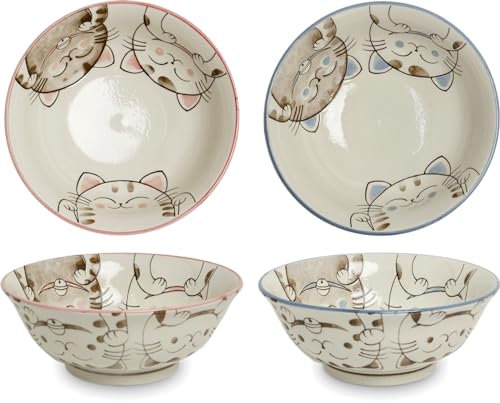 Set par 2 - Japonais - Bols Ramen - Chat porte-bonheur - Ensemble de bols - Plat de service - Bol à salade - Bol à saladier - Bol à fruits - Bol à nouilles - Bol à soupe - Poke bowl - Bol à Ramen -