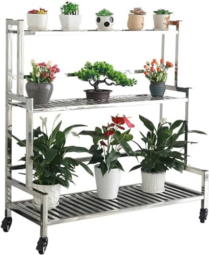 3 Stufe Blumentreppe Edelstahl Tiered Pflanzenständer Pflanzentreppe Blumentopfständer Display Pots Halter Pflanzenständer Blumenbank für Indoor Outdoor Garden Terrasse Treuhhouse (100x40x106cm)
