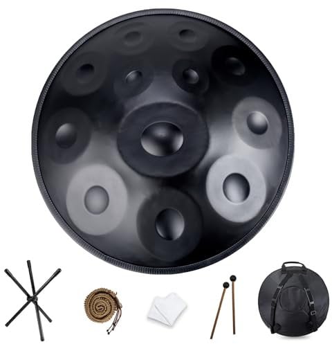 NAHAIA HANDPAN DRUM 9/10/12 Noten Steel Handpan 440hz/432hz Stahl-Handtrommel Instrument 22 Zoll in D-Moll Harmonische Percussion für Klangheilung, persönliche Meditation(12 Notes-432Hz-Black)