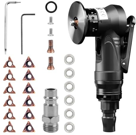 Mini Pneumatische Anfasmaschine, 30000 U/min, Handheld-45-Grad-Bogen-Luftschrägemaschine mit 1/4-Zoll-Lufteinlass zum Trimmen von Fasen-Entgraten (6R-Einsätze + 6C-Einsätze + 6-Lager)