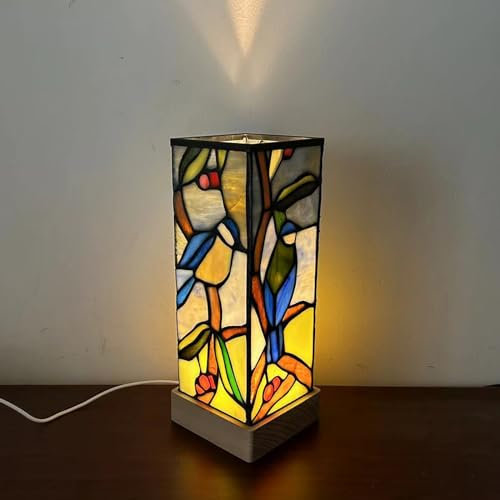 Tiffany Schlafzimmer Tischlampe Glas Schreibtischlampe Vogel Design Retro Wohnzimmer Nostalgie Bar Cafe Nachtlicht E27 Nachttischlampe Lampenschirm aus Buntglas H25CM