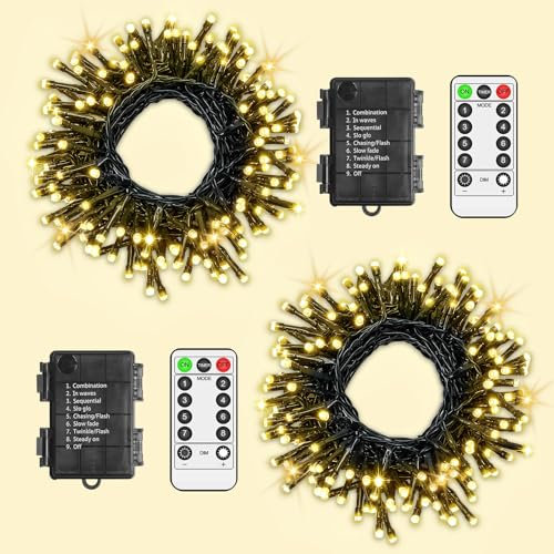 LYNNON 2x100 LED Lichterkette Außen Batterie Warmweiß Lichterkette Outdoor Wasserdicht 8 Modi mit Fernbedienung und Timer für Innen Party Hochzeit Ostern Garten Balkon Weihnachtsbaum deko