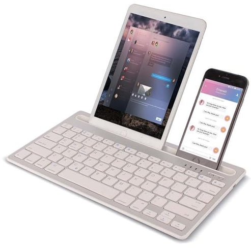 Kabellose Bluetooth-Tastatur,Tragbare wiederaufladbare leise QWERTZ-Tastatur,78 Tasten,unterstützt den Wechsel zwischen 2 Geräten,mit integriertem Ständer,für iPad, Tablets, Smartphones(Silber)