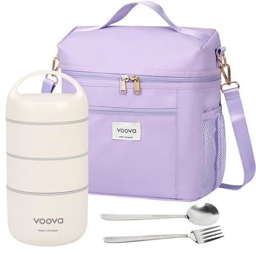 Voova Stackable Stainless Steel Thermal Lunch Box with Lunch Bag and Cultery Set for Adult Women Men, 3 Tier Leakproof & Microwave Safe Insulated Bento Boxes Food Container for Work, Purple