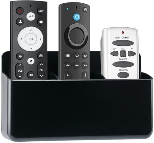 VACONICO Remote Control Holder, Wall Mounted Remote Holder, 3 Slot Self Adhesive TV Controller Holder, Pen Holder Storage Accessories for Home Office School (Black)