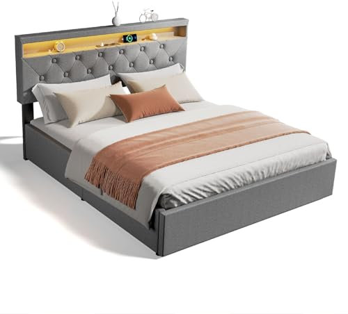 Oyajia Double Bed Frame with LED Lights, Charging Station, 4 Underbed Drawers & Headboard, 4FT6 Vintage Style Bed Base, Metal Slats Support Mattress Foundation (200 x 140 x 32cm) (200X140CM-Regular)