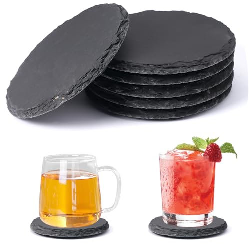6 Pièces Dessous de Verre Ardoise, 10 cm Dessous de Verre en Ardoise, sous-Verres Forme Ronde, sous-Verres Résistant à la Chaleur, Dessous de Tasse Antidérapants, pour Bar, Décoration de Maison