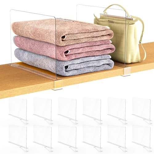 Ginbel Direct 12 Pack Closet Shelf Dividers Organizer Purse Clothes Organization Acrylic Clear Tall Divider Separators for Wood Wire Thick Shelves Kitchen Office Bookshelf Storage Handbags Bag Sweater