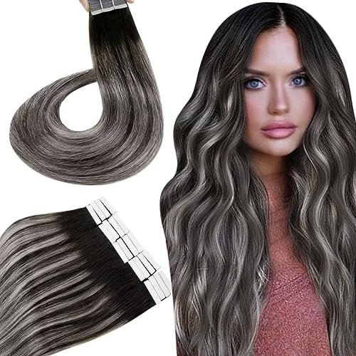 Hetto Tape Extensions Echthaar Schwarz Tape in Extensions Echthaar 45 cm Balayage Schwarz to Silver Seidig Gerade Invisible Tape Klebe Remy Haarverlangerung 20pcs 50g #1b/s/1b