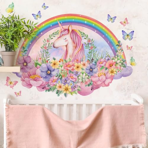 WandSticker4U®- Wandtattoo EINHORN REGENBOGEN XXL rosa (95x68 cm) I Wandsticker Kinderzimmer Mädchen Einhorn Regenbogen Blumen Prinzessin I Wandaufkleber Kinderzimmer Deko Mädchen Babyzimmer GROß
