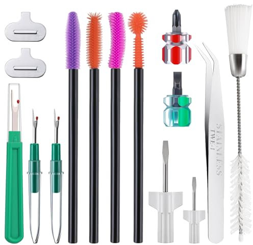 Rnigra 15pcs Sewing Machine Cleaning Kit, Sewing Machine Cleaning Brushes, Sewing Machine Cleaning Tools Including Tweezers, Rippers, Double Headed Brush, Needle Board Screwdriver, Silicone Brush