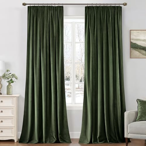 MIULEE Samtvorhang Kräuselband Blickdicht 2er Set Olivgrün 140x225cm | Samtvorhang schwer blickdicht, thermische Isolierung, Kräuselband, edler Look für Wohn- und Schlafzimmer