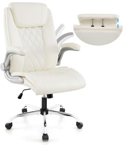 COSTWAY PU Leather Office Chair, Height Adjustable Executive Chair with Rocking Function, 6-position Adjustable Headrest, Flip up Armrests & Wheels, Home Office Swivel Computer Desk Chair (White)