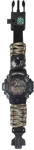 FeiWen Montre Digitale Militaire de Survie Multifonction Extérieure pour Hommes, Bracelet Étanche Boussole Thermomètre Sifflet Silex Bâton Rétroéclairage