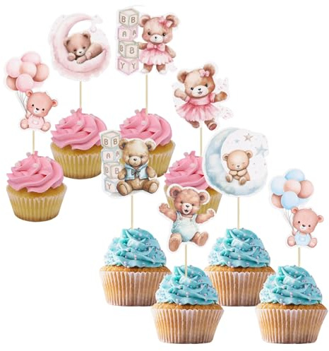 24-teiliges Set Bären Cupcake Topper,Bären Geschlechts Offenbarung Dekorationen,Cupcake Topper Babyparty,für Babygeburtstagsfeiern,Taufen und andere Anlässe Kuchendekorationszubehör