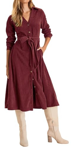 R.Vivimos Women Long Sleeve V Neck Corduroy Long Shirt Dress | Button Down,Tie Waist,Loose Fit,Flared,Flowy,Side Pockets,Vintage,Casual,Christmas,Parties,Semi Formal,Midi Dresses