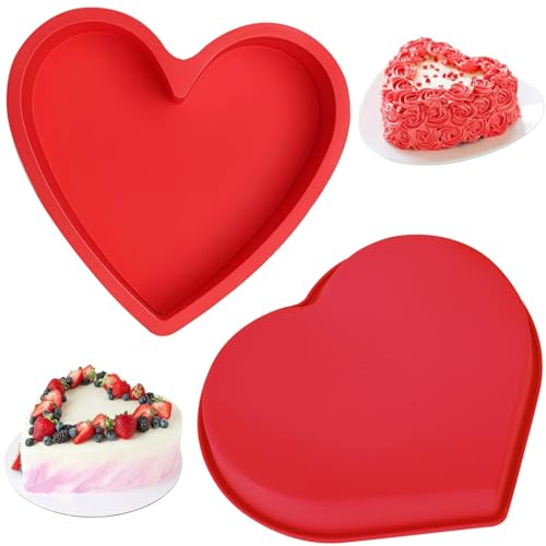 YXHZVON 2 Stücke Silikon Backform Herz, 26cm Kuchenform Herz Antihaftbeschichtet, Silikon Herzbackform für Herzkuchen Kreationen, Pudding, Tortenbodenform(Rot)