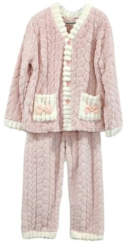 MJGkhiy Pigiama Invernale Donna Pile Felpato 2 Pezzi Set da Notte Pesante Top con Bottoni e Pantaloni Morbido Caldo Pigiami Lungo Curvy Comodo Lounge Sleepwear Elegante Abbigliamento da Casa