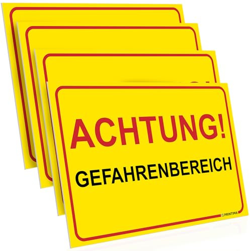 PRINTIMA 4x Schild ACHTUNG! GEFAHRENBEREICH 32x21 cm PVC Warnschild wetterfest für innen und außen inkl. Montageset Baustelle Industrie Arbeitsbereich Sicherheit Hinweis