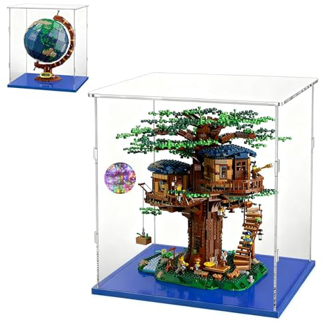Acryl Vitrine 40x40x45 für Lego Baumhaus 21318 Globus 21332 Piano 21323 | Einfach zu installieren,Staubschutz,Klar,Blaue Basis
