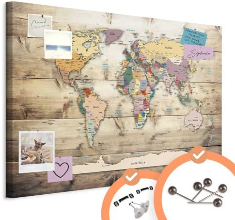 murando - Mapamundi con tablero para clavar chinchetas 90x60 cm - Cuadro en Lienzo sintético - 1 parte - Panel de Fibra - Mapa del Mundo Continente - viajes geografia Vintage k-C-0077-v-a