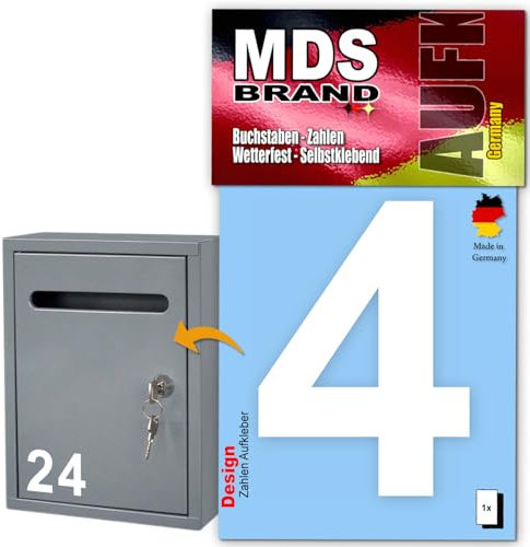 MDS Brand Design 10cm Zahlen Aufkleber | Selbstklebende Klebezahlen für Briefkasten, Mülltonne, Hausnummer Aufkleber für Außen & Innen Weiss (4)