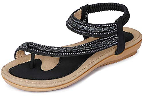 Amissz Sandales Femmes Plates Été Chaussures éLastiques Plage BohèMe Strass Fleurs Femme Confortable PU Tongs Orteils SéParateurs Style 1 Noir 41 EU