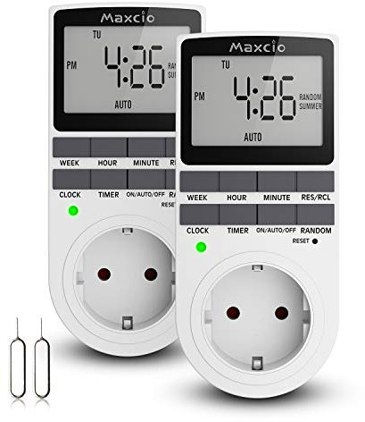 Digitale Zeitschaltuhr Steckdose, Maxcio Programmierbare Elektronische Timer Steckdose mit 10 konfigurierbaren Schaltprogramme und Anti-Theft-Modus, Mit 2 Reset-Pins, 16A / 3680W (2 Packs)