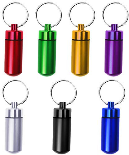 WEONE 7pcs Boîte à Pilulier avec Porte-Clés Imperméable à l'eau Bouteille Porte-Pilule Organisateur Cas Mini Bouteille de Pilule en Aluminium Trousseau pour 7 Jours(Multicolore)