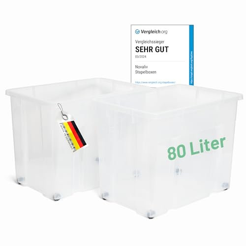 Novaliv 2x XXL Aufbewahrungsboxen ohne Deckel Groß 80L transparente nestbar stapelbar Rollboxen Kunststoff BPA-frei 59x39x44 cm
