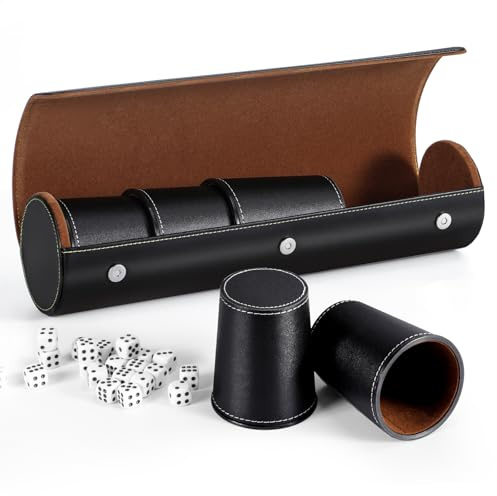 Leather Dice Cup Set, 5 Black Dice Cups, 25 Dice with Storage Travel Case